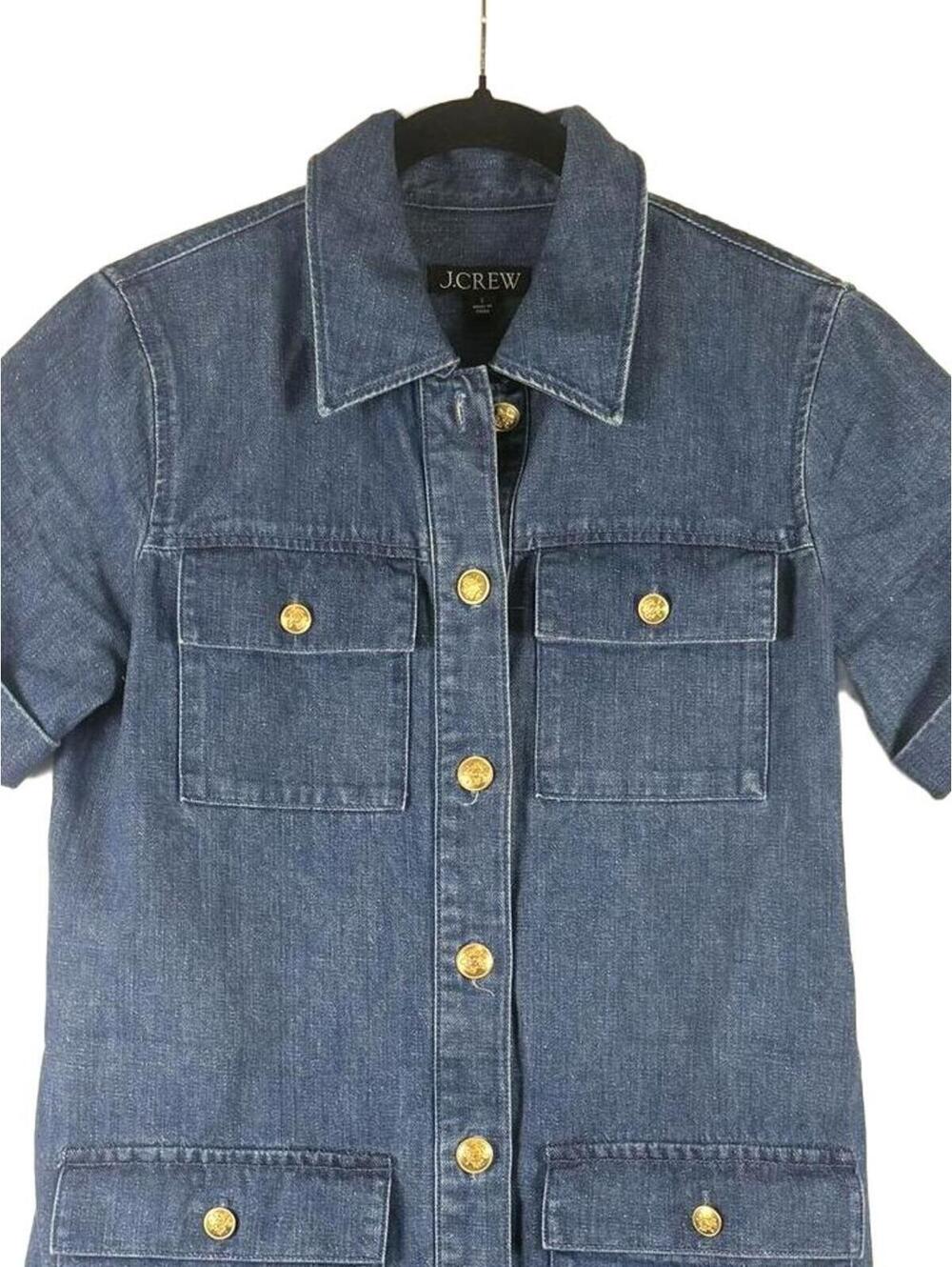 J.Crew Utility Pocket Denim Mini Dress Gold Buttons Short Sleeve Blue Size 2 - Picture 3 of 6